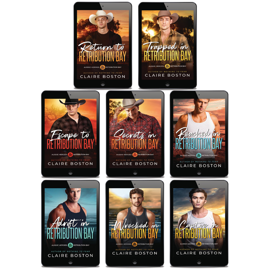 8 covers of the Retribution Bay series each with a man on the cover.