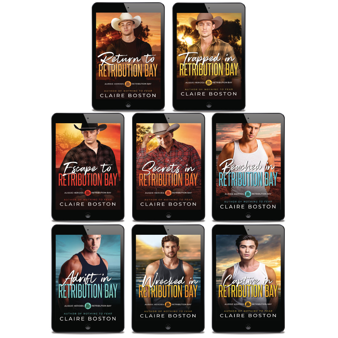 8 covers of the Retribution Bay series each with a man on the cover.